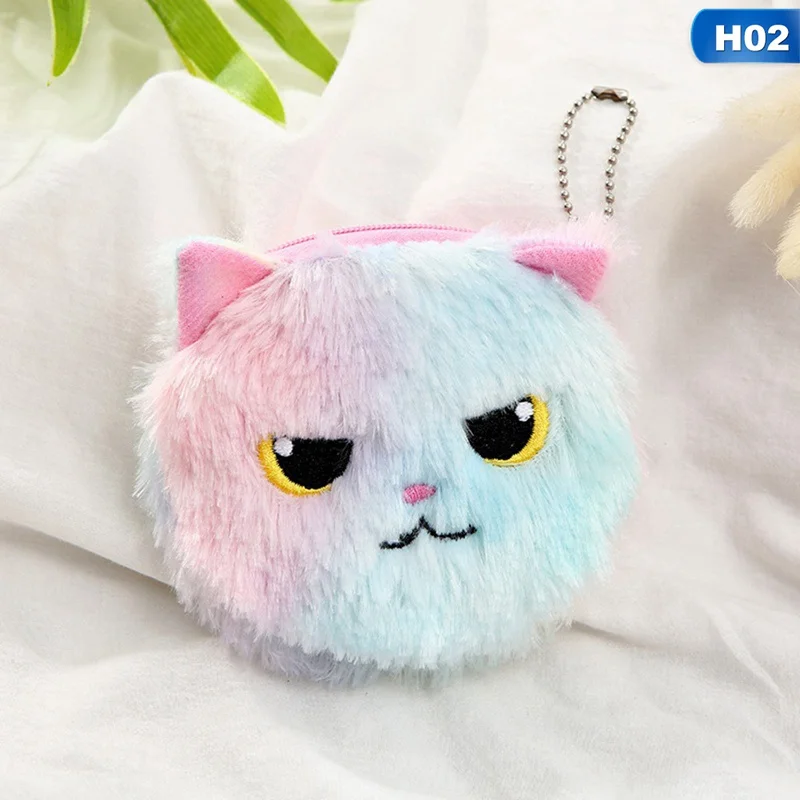 Женский кошелек, клатч на молнии, Короткие Кошельки для монет, разноцветный полосатый брелок "Котенок", плюшевый женский кошелек - Цвет: 2