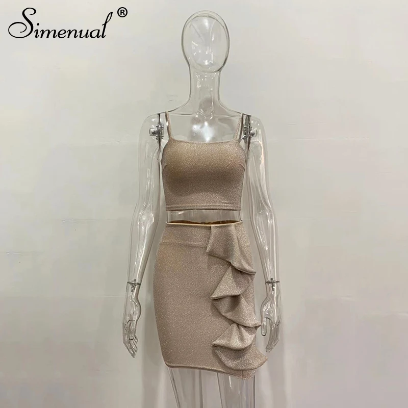 apricot Simenual, блестящие оборки, горячие вечерние комплекты для женщин, сексуальный Модный Шелковый клубный костюм, майка без рукавов и юбка, комплект из двух предметов - Цвет: apricot