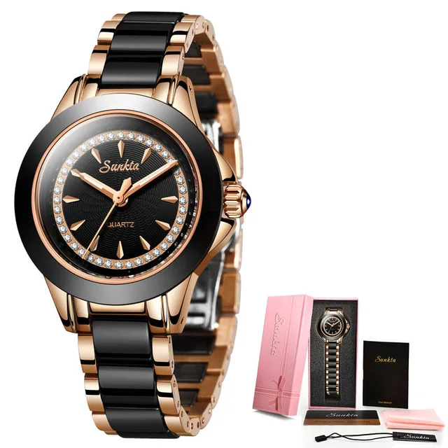 Rose gold black SUNKTA женские часы керамика простые кварцевые часы с алмазами женские Топ люксовый бренд дамы эксклюзивный браслет часы Reloj De Dama - Цвет: Rose gold black