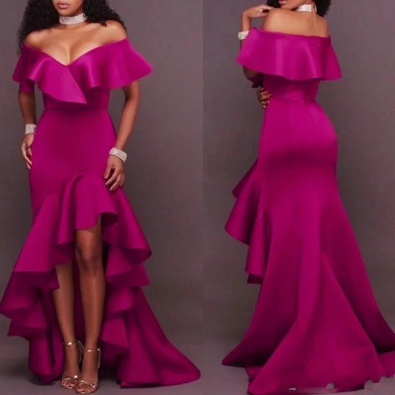 

Abendkleider Satin Evening Dresses Hi Low Fuchsia Elegant Evening Gowns Long 2019 robe de soiree vestido longo Formal Dress