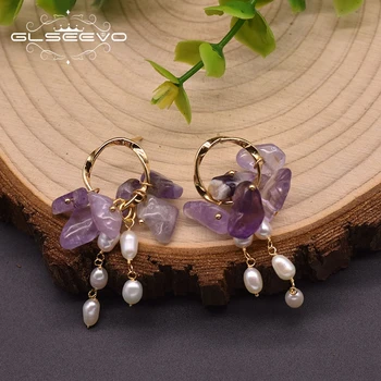 

GLSEEVO Natural Freshwater Pearl Earrings Anniversary Gift For Ladies Purple Crystal Drop Earrings Minimalist Jewelry GE0991A