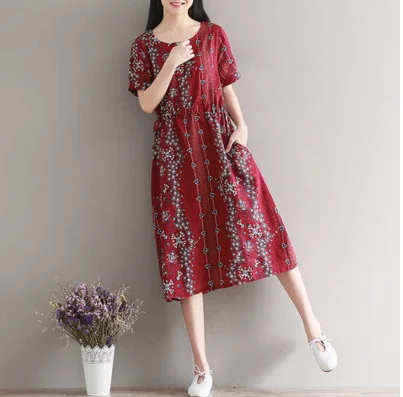 

2018 Summer New Style Literature And Art Large Size Dress Printed Loose-Fit Slimming Lace-up Elastic Waist Cotton Linen Big Heml