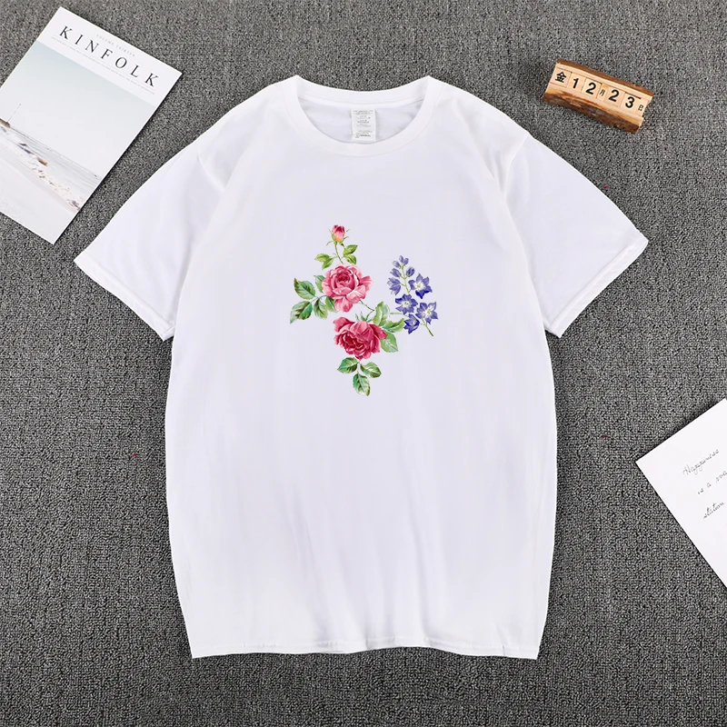

New T Shirt Women 2020 100% Cotoon Cool rose flower Printed Fashion Short Sleeve Couples Tops & Tees O-neck Couple t shirt
