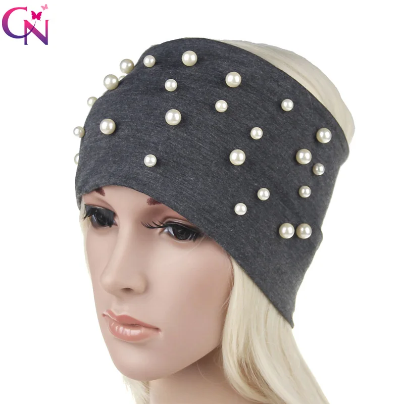 

CN Solid Color Pearl Headbands Lady Elastic Yoga Outdoor Sport Turban Warmer Ear Wide Hairband For Women Girls Hair Accessories