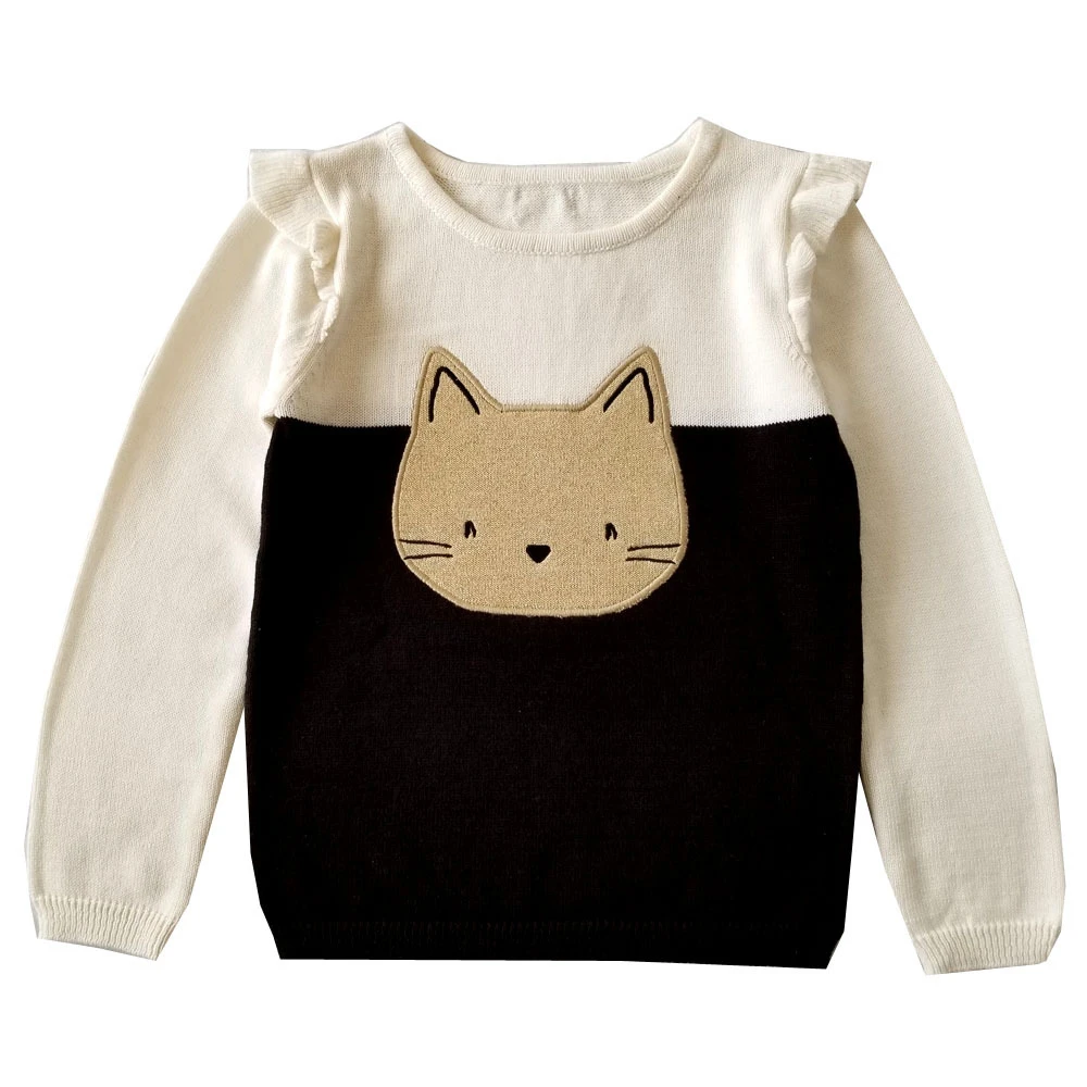 Lovely Baby Sweater Girls Cat O-Neck Sweater Kids Long Sleeved Knit Cardigan Sweater Children Casual Tops Pullover