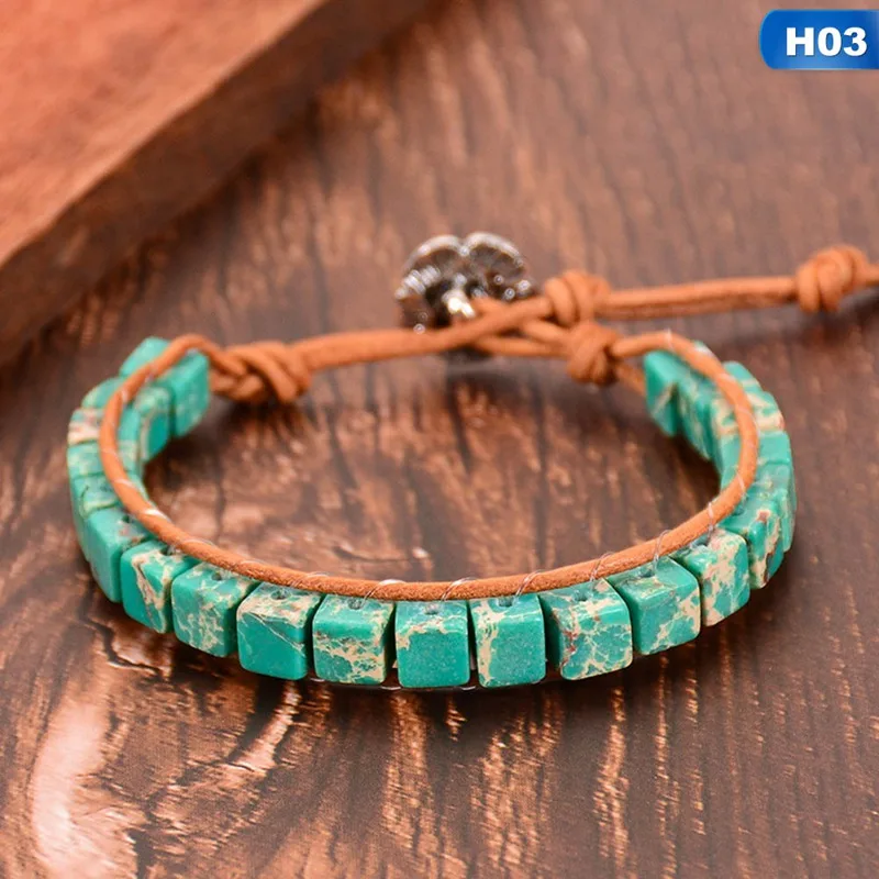 BOHO красочные кости форма натуральный камень один кожаный браслет обруча полудрагоценный камень квадратный бисерный Браслет-манжета - Окраска металла: H03