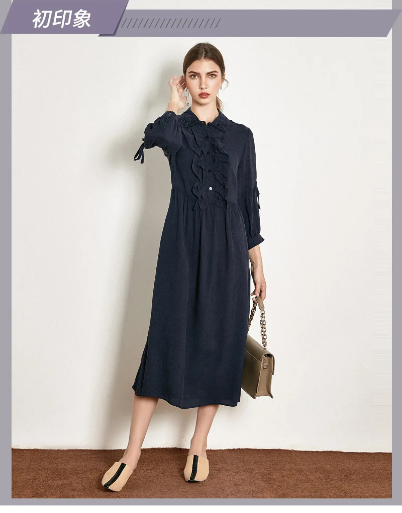 navy real silk dresses women natural silk high quality girls work boho shirt dress loose elegant plus size long sleeve