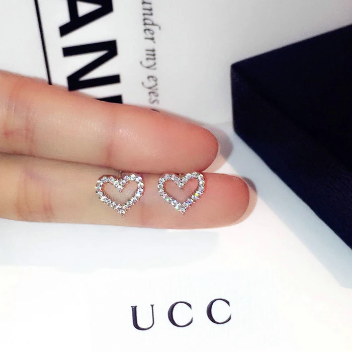 Korean-Earrings Zircon-Stone Fashion Jewelry Bling Heart Silver-Color S925 Women