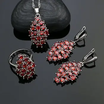 

Bridal 925 Sterling Silver Wedding Jewelry Sets for Women Red Stones Earrings Ring Necklace Pendant