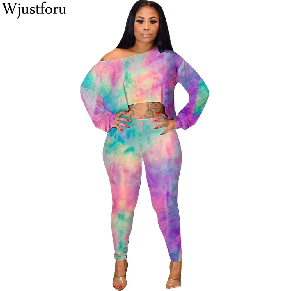 

Wjustforu Tie Dye Print Colorful 2 Piece Set 2019 Summer Women Loose Crop Tops + Long Pants Femme Casual streetwear sets Slim