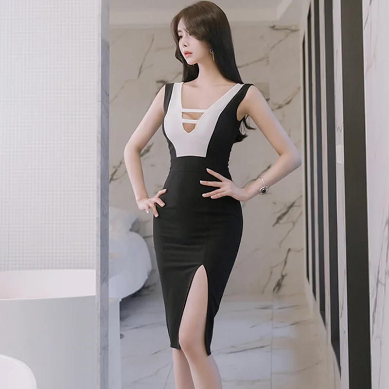 

2019 Spring And Summer New Style Hot Selling Korean-style Sexy Skirt Joint Contrast Color Sleeveless Nightclub Dress