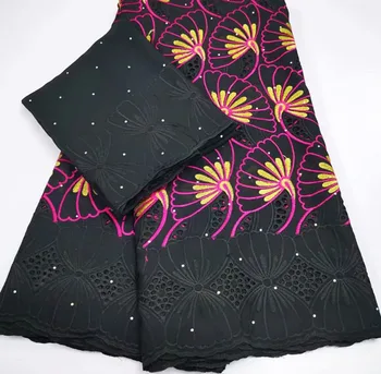 

100% Cotton High Quality Swiss Lace Fabric African embroiderd Voile Lace Fabric 5+2yards/set For wedding Party HLC805 black