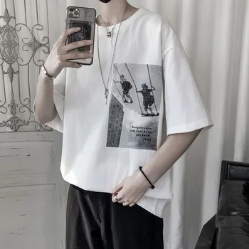 

2020 Summer New Youth Popular Male Loose Print Five-point Sleeve T-shirt Fashion Casual Round Neck Pullover Black / White / Grey