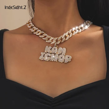 

IngeSight.Z Punk Hip Hop Full Iced Out Rhinestone Miami Curb Cuban Choker Necklace Shiny Crystal Letter Pendant Necklace Jewelry