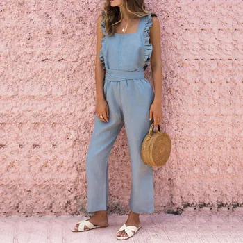 

Sexy Square Neck Ruffles Back Bandage Long Rompers Summer Women Sleeveless Jumpsuit Casual Loose Straight Playsuit Tunic Overall