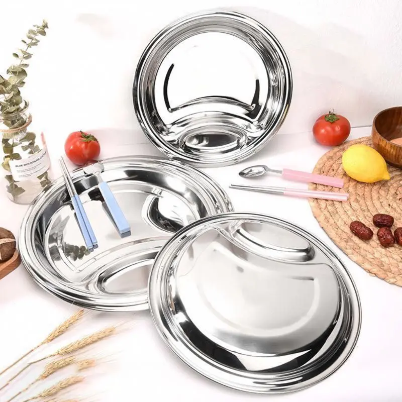 

4pcs Stainless Steel Round Divided Dish Snack Dinner Tray Lunch Container Tool