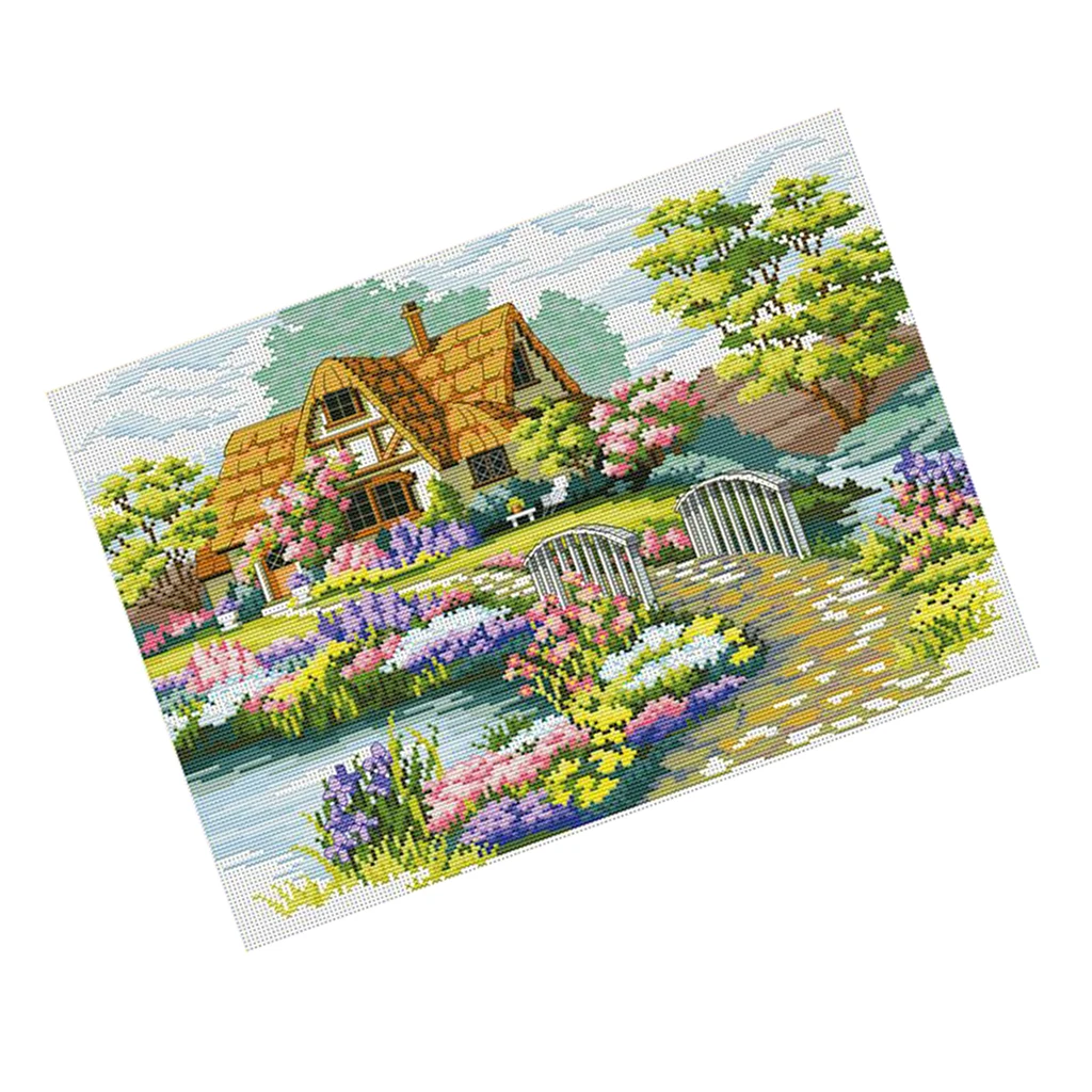 Garden Cottage Stamped Cross Stitch Kit Advanced Pattern for Home Shop Decoration