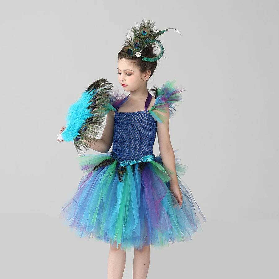 Couture Royal Peacock Girls Tutu Dress with Feather Clip Peacock Bird Carnival Fancy Dress for Kid Halloween Party Purim Costume (2)