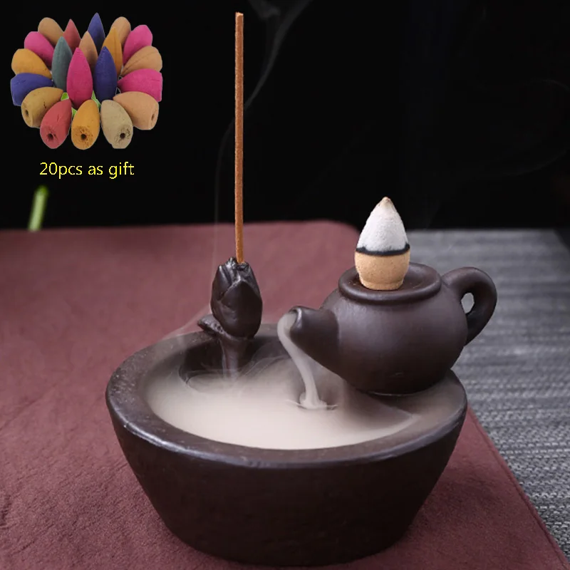 

Backflow Incense Burner + 20Pcs Incense Cones Ceramic Incense Cone Sticks Holder Inserted Burner Smoke Porte Encens Home Decor