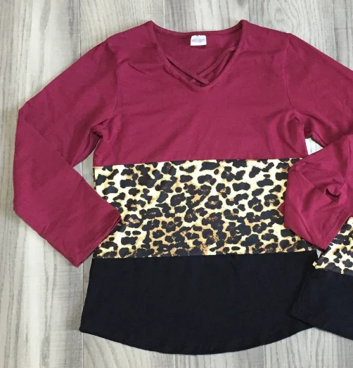 baby girls Fall/winter boutique top t-shirt children clothes family look mommy and me cotton raglans wine leopard long sleeve - Цвет: mommy