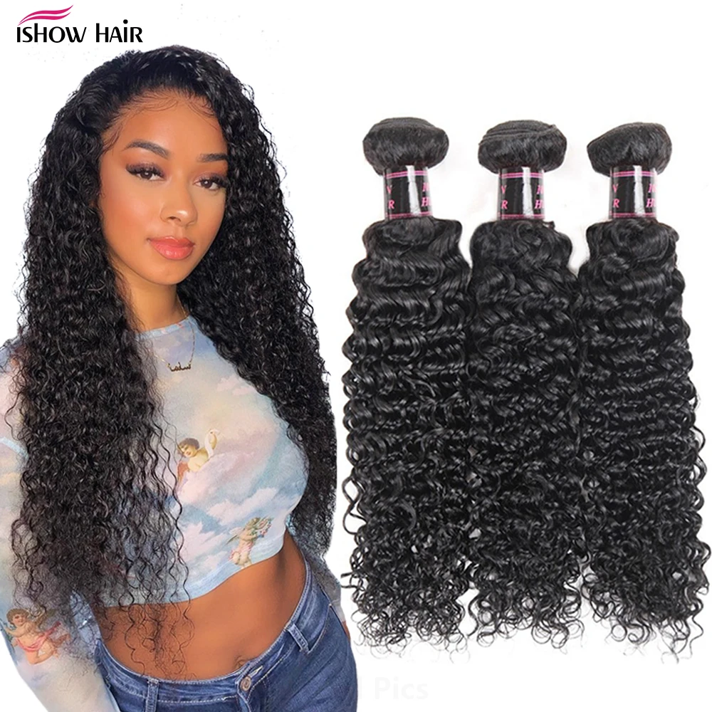 Ishow-extensiones de cabello humano Remy, Pelo Rizado malayo, Color natural, compra 1/3/4 mechones, mechones rizados gruesos