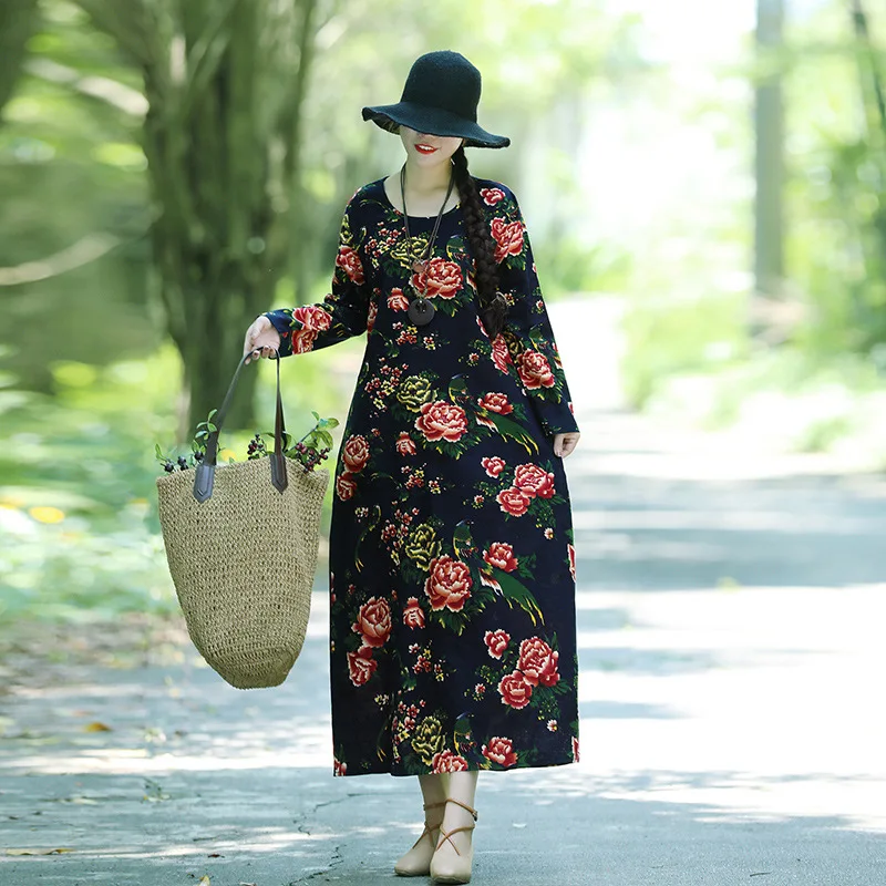 

2019 Spring Clothing New Style Cotton Linen National Wind Retro Floral Printed Dress Women's Loose-Fit Slimming Slim Fit Women D