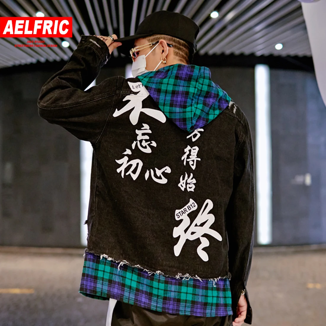 

AELFRIC Plaid Patchwork Casual Mens Jacket 2019 Harajuku Hip Hop Printed Hole Coats Fashion Streetwear Male Long Sleeve Outwear