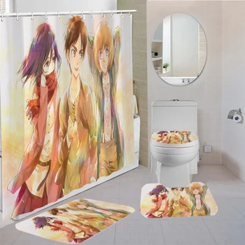 

3/4 Pieces Wings of Liberty/Attack On Titan Shower Curtains Sets Carpet Animation Toilet Bathroom Mat Non-slip Shower Curtain