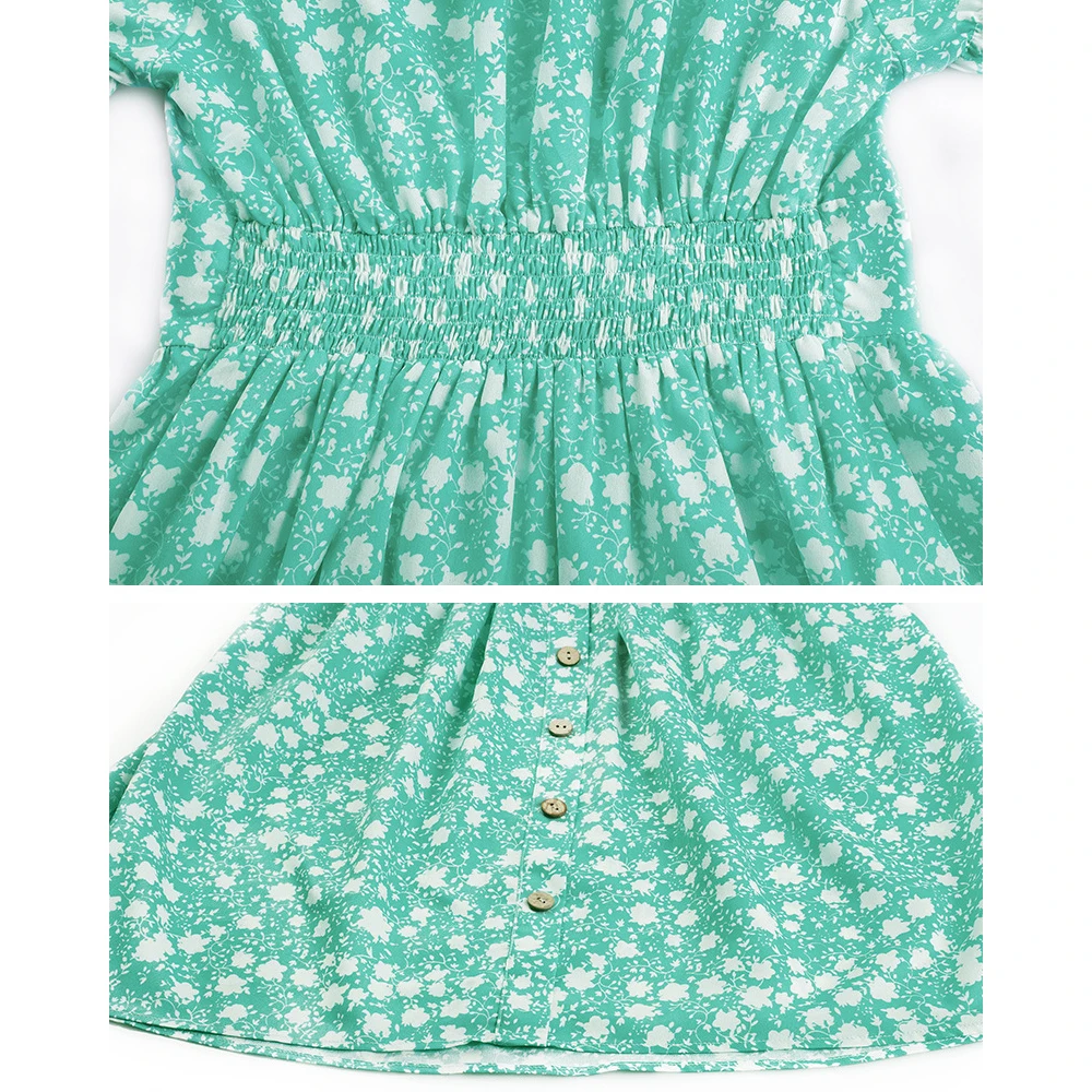 Women Short Sleeve Floral Mini Dress Casual Green Print Puff Sleeve Dresses Summer 2021 Ladies Sexy V Neck Button Beach Dress