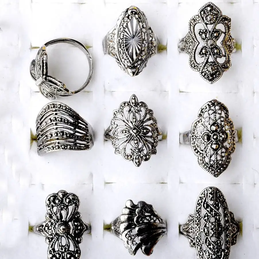 

10Pcs Bulk Jewelry Lots Mixed Style Tibet Silver Vintage Band Rings For Women Wholesale Charm Rings 18mm