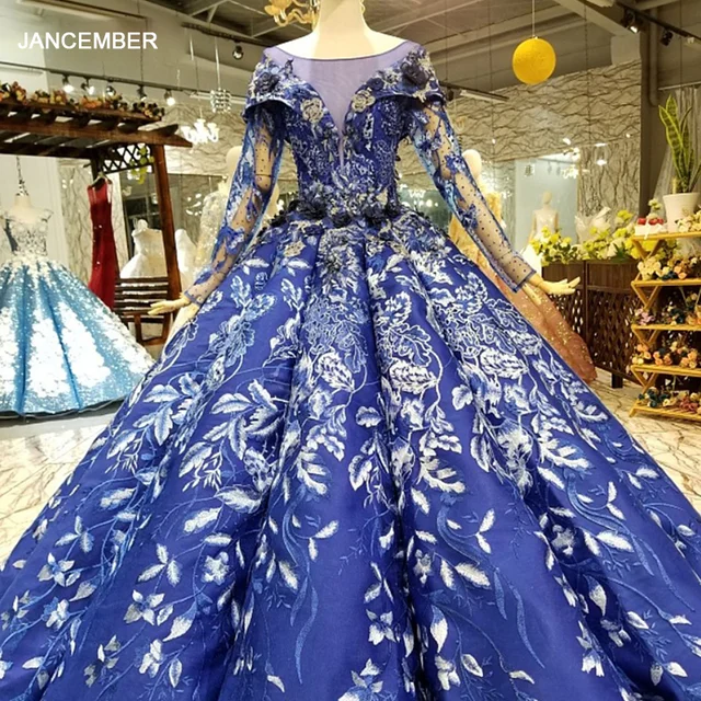 LS148865 royal blue ball gown evening dress long tulle sleeves o neck flowers floor length women occasion dress china wholesale 1