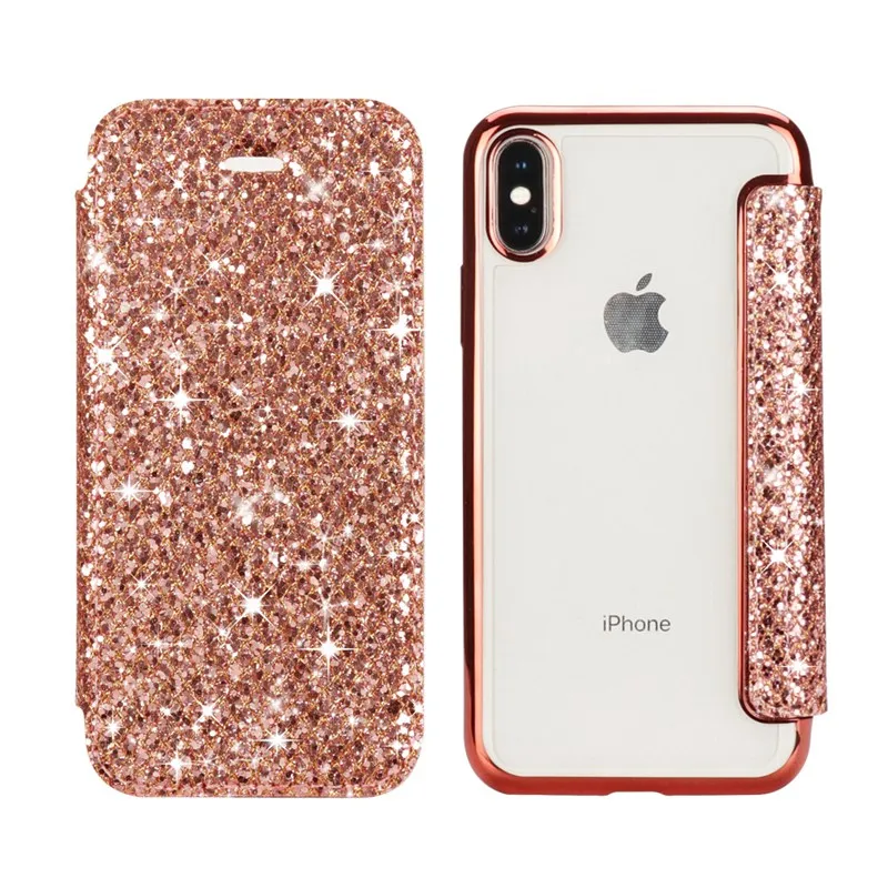 Блестящий блестящий чехол из тонкой кожи для iPhone X 8 7 6 6S Plus 5 5S SE, чехол для XS Max XR, прозрачный чехол-книжка из мягкого ТПУ для телефона - Цвет: Розовый