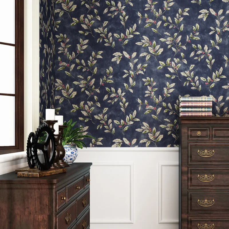 

Retro American-Style Chinese Style Leaves Non-Woven Pure Wallpaper Living Room Restaurant Literature And Art Bar Leaves Dark Blu