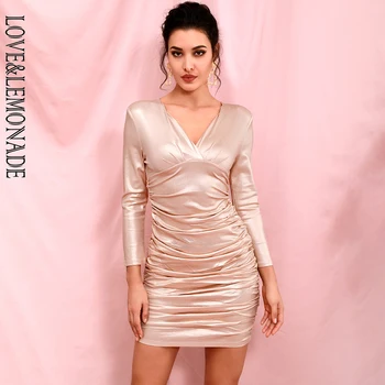 

LOVE & LEMONADE Sexy V-Neck Bodycon Gold Reflective Elastic Long Sleeve Mini Party Dress LM82315
