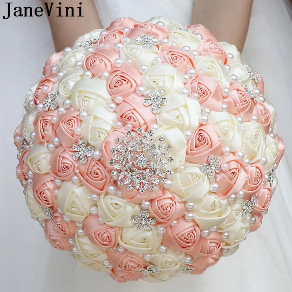 

JaneVini Customizable Colors 30cm Big Wedding Bouquets for Brides Satin Crystal Pearls Bridal Flower Bouquets Artificial Roses