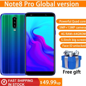

Newly Note8 pro 4GB RAM 64GB ROM mobile phones android MTK6580 quad core celular 5.5"HD screen 13MP camera Face ID Smartphone