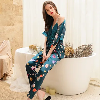 

FZSLCYIYI 3 Pieces Woman Spring Pajamas Set Sexy Sling Satin Faux Silk print Bridesmaid Brides Robes Gown Sleep Lounge Pyjama