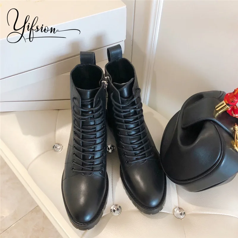 

OLOME New Fashion Black Genuine Leather Women Ankle Boots Round Toe Side Zip Thick Heel Women Autumn Winter Boots Shoes Woman