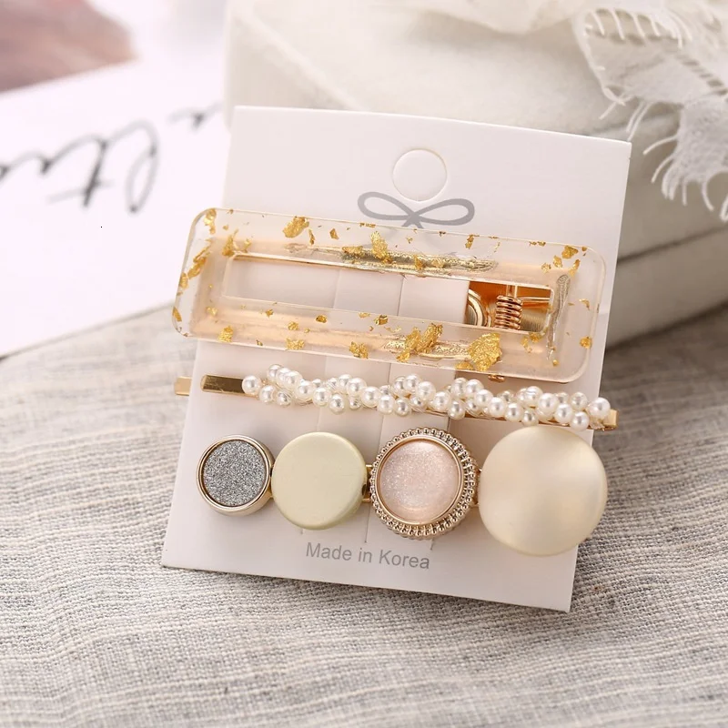 3PCS/Set Korean Acrylic Hair Clips For Women Hair Accessories Fashion Jewelry Simulated Pearl Hairpins Geometric Gold Barrettes