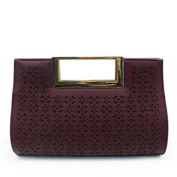 

Vintage Womens Hand Bag Square Handle Metal Chains Wine Red Leather Bag Clutch Bag