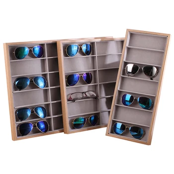 

Classic 7/12/18 Grids Wooden Velvet Sunglasses Display Stand Gray Display Tray Shelf Rack Eyesglasses Showcase Organizer