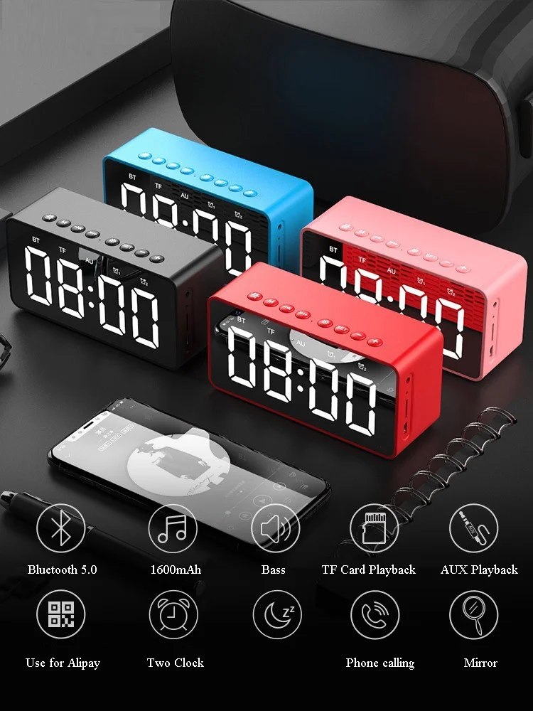 

Alarm Clock Portable Bluetooth Speaker With 12h Or 24h Time Display/tf/fm/rechargeable Battery 1600mah/ Snooze Mode/led Display