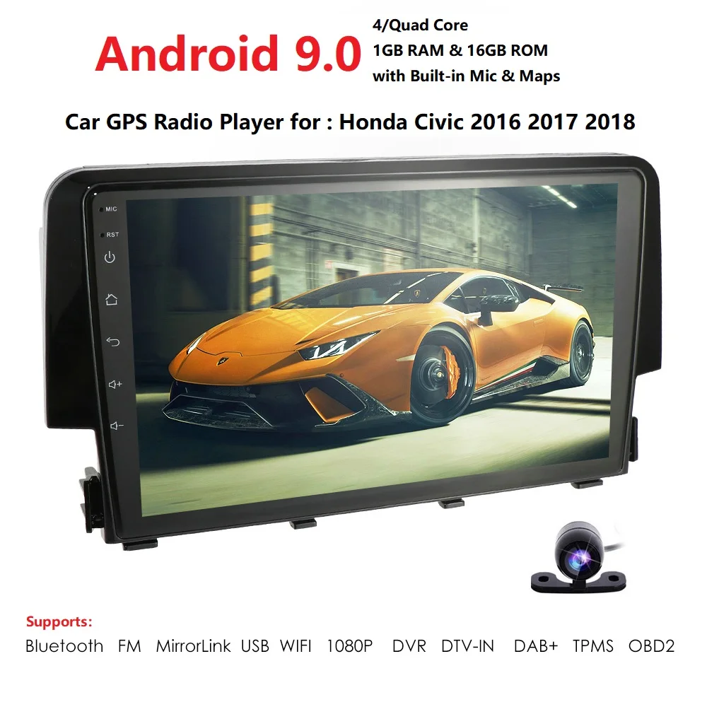 Best Android 9.0 Car GPS Navigation For Honda Civic 2016 2017 2018 Quan Core 9 Inch Touch Screen USB SWC FM DAB+ DVR TPMS FREE CAMERA 3