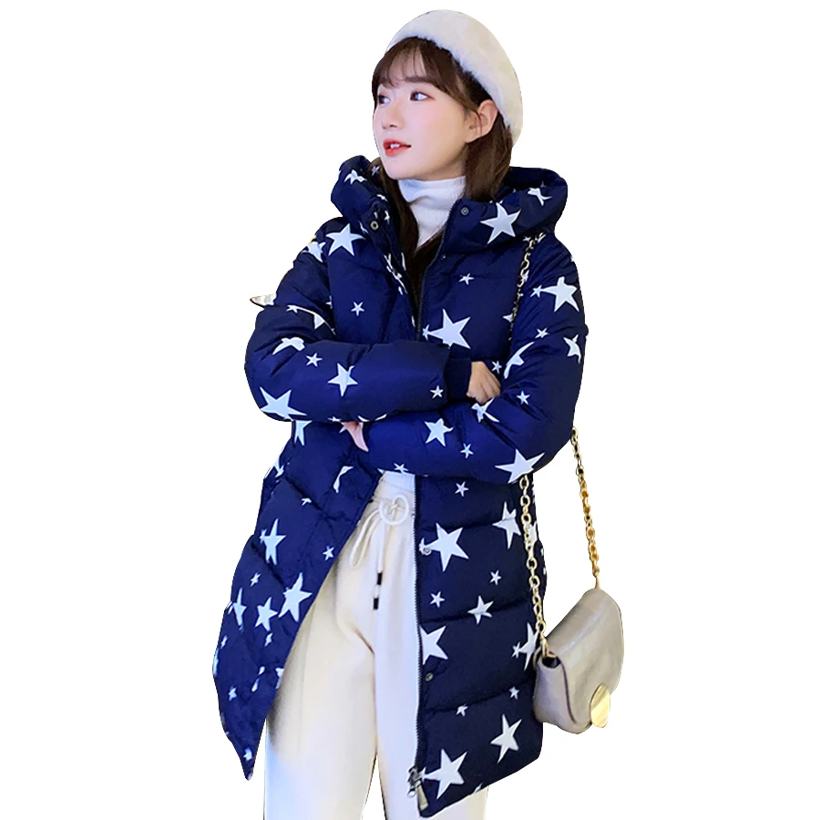 

women jacket winter hooded warm thicken cotton padded Medium long coat winter casual print female parka outwear