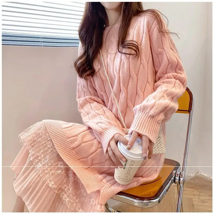 

New net red lace stitched wool dress for women's lazy style loose Korean foreign style twist sweater wear versatile dress