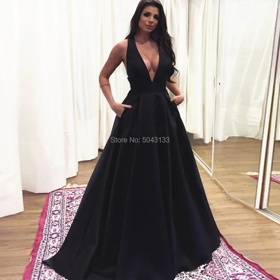 Black Satin Prom Dresses 2020 Deep V 
