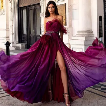 

Verngo Modest Dark Purple Long Evening Dresses Off the Shoulder Feather High Side Slit 2021 Prom Party Gowns