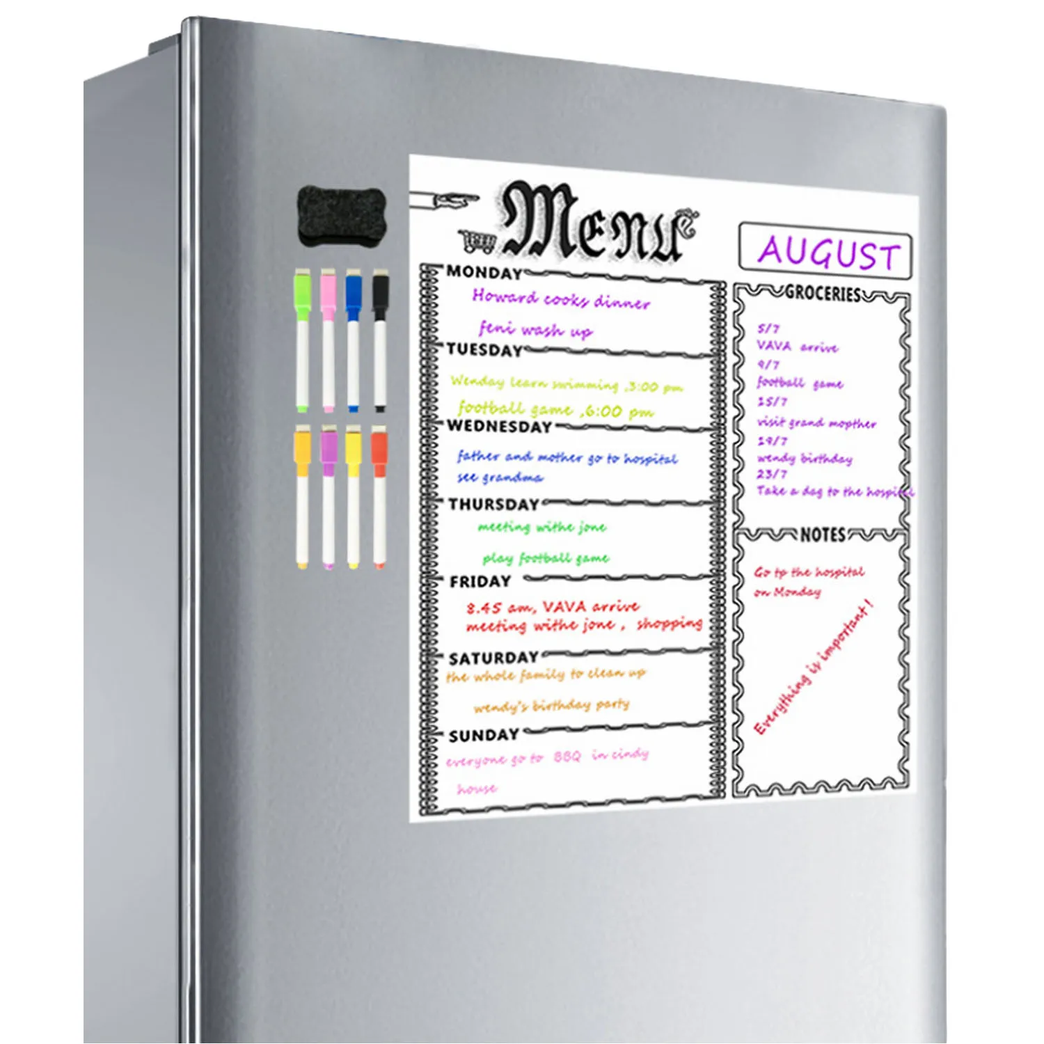 Magnetic Menu Board Kitchen Fridge Board with 8 Color Chalk Markers Dry Erase Weekly Planner Grocery Chalkboard for Refrigerator