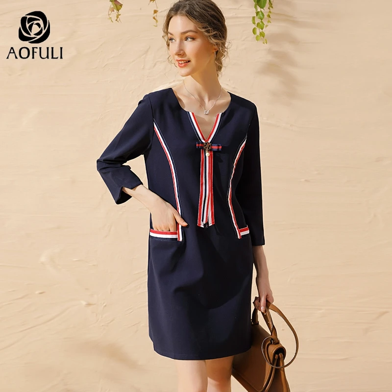 L~ 4XL 5XL красное Полосатое женское платье с v-образным вырезом и рукавом 3/4 с бантом и карманом модное осеннее женское Повседневное платье размера плюс AOFULI A4135