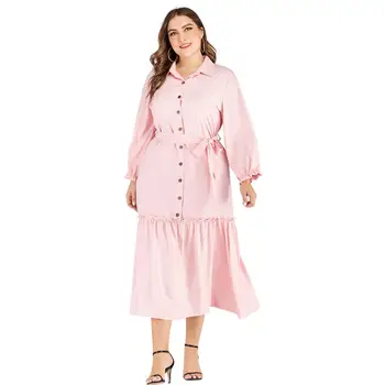 

2020 Spring Women Long Sleeve Pleated Hem Patch Midi-Calf Mermaid Dress Turn-down Collar Button Up Pink Shirt Dress Plus Size